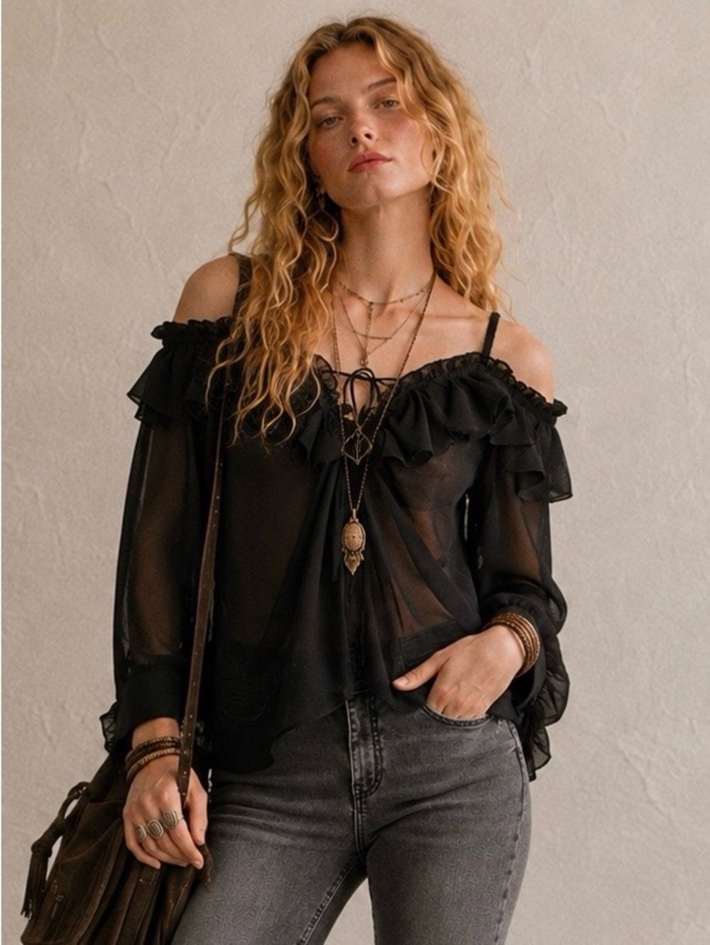 Joyfolie Mia Joy Charlie Top M Black Sheer Ruffle Cold Shoulder Boho NWT